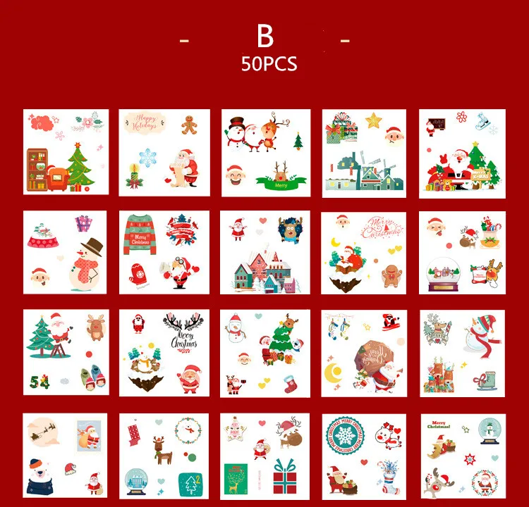 50pcs/Box Christmas Decorative Sticker Festival Santa Claus Tree Snow Paper Scrapbooking Stickers Washi Tape Stationery