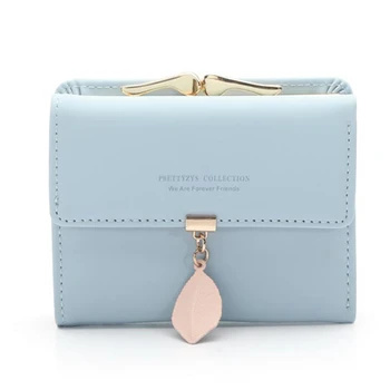 

Women's Fashion Leaf Tri-Fold Coin Purse Women's Buckle Solid Color Leather Short Wallet Card Holder Clutch Billeteras Mujer