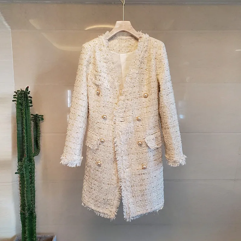 

2020 Autumn Winter Tweed Women Jacket Coats V Neck Long Double Breasted Slim Vintage Elegant Chic Female Overcoats Ropa Mujer
