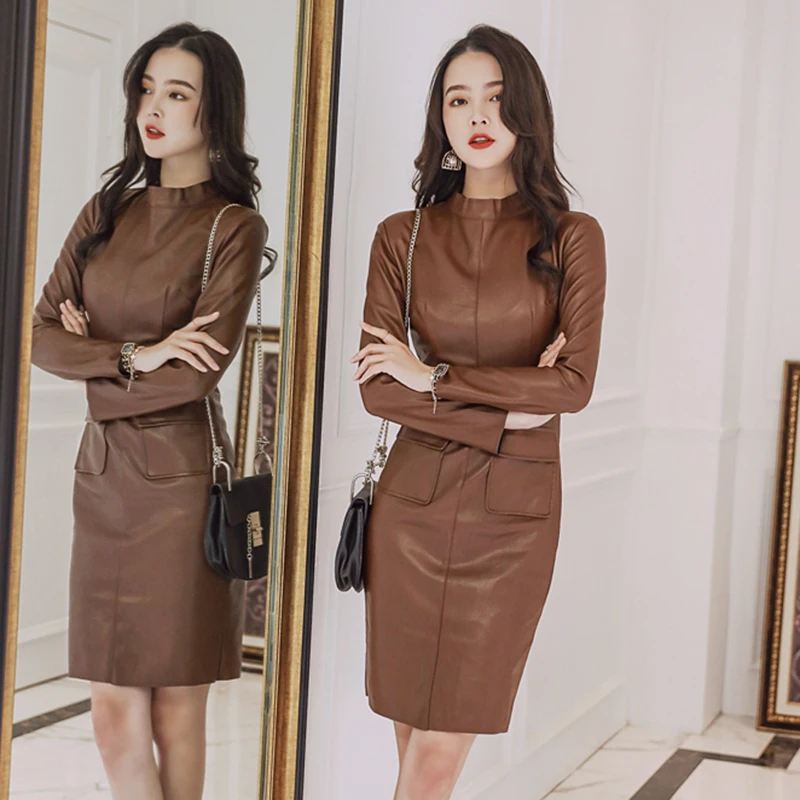 TWOTWINSTYLE PU Leather Slim Dress For Women Stand