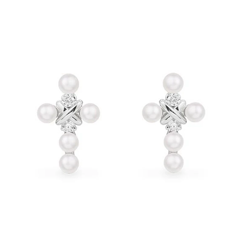 

S925 Mono Cross on Stud Earring Cuff with Pearls Zirconia Cuff Earring for Women EDEN Collection Gift Jewelry