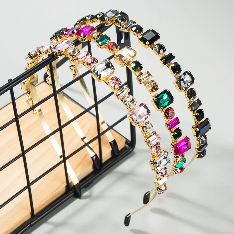 

European Vintage Women Imitation Diamond Hair Hoop Luxury Baroque Square Round Glass Drill Headband Female Head Wear Accessory