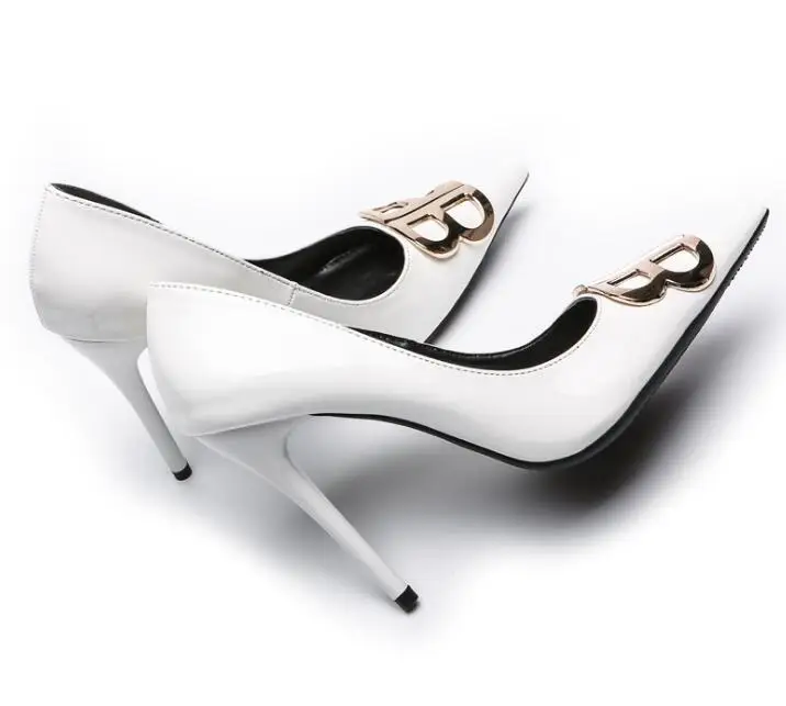 

Moraima Snc Pointed Toe Sexy high Heel Shoes White Patent leather Metal Decorations Pumps Woman Shallow Stiletto Heels Wine Red