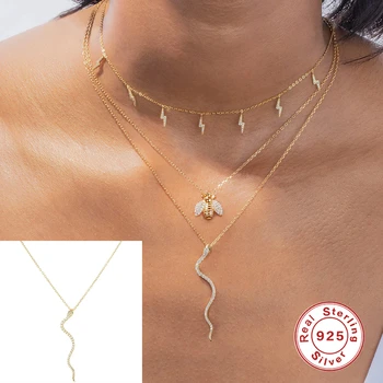 

ROMAD Bling Zircon Snake Pendant Necklace Fashion Punk Clavicle Chain Choker Necklaces Silver 925 Jewelry Gift bijoux femme