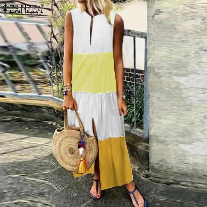 

ZANZEA Summer Sundress Women Sleeveless Color Parthwork Long Dress Robe Femme Party Split Hem Tanks Vestido Sarafans Plus Size 7