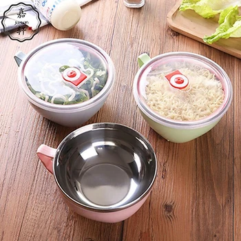 

Creative Stainless Steel Leak-Proof Food Bowl Container Noodle Bowl With Lid Handle Rice Soup Bowls Household Tableware