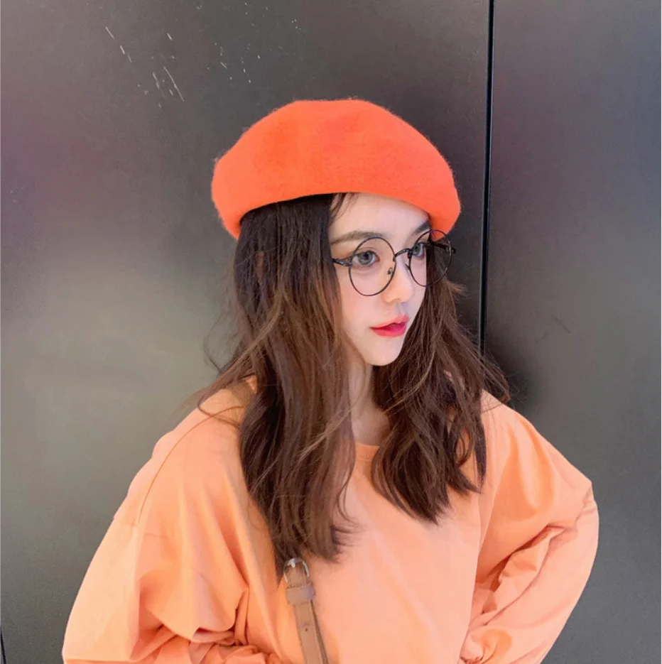 YUZOE, женский берет для девочек, французский артист, теплая шерстяная зимняя шапка, шапка, винтажный однотонный берет, шапки, одноцветная женская зимняя шапка s - Цвет: Orange
