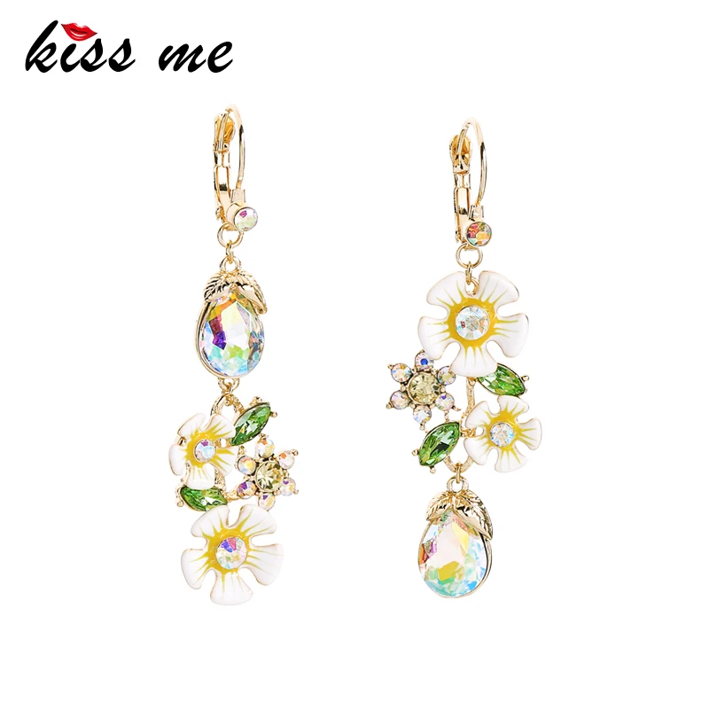 

kissme Asymmetric Unique White&Orange Enamel Shiny Crystal Flowers Drop Earrings For Women Gifts Gold Color Fashion Jewelry