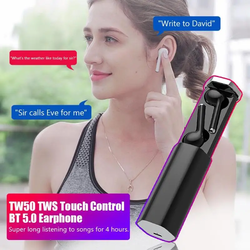 TW50 TWS Mini Wireless bluetooth 5.0 Earphone HiFi Stereo Smart Headset Touch Earbus Dual Mic Sports Waterproof Earphones