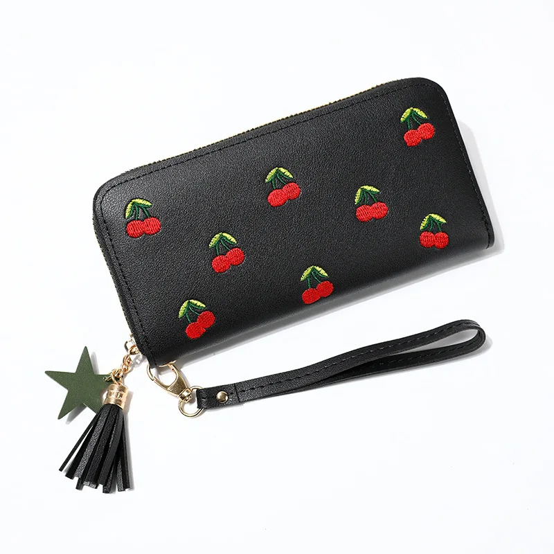 Card Purse Clutch-Bag Tassel Wallet Zipper Cherry Long Women Porte Embroidered Fashion
