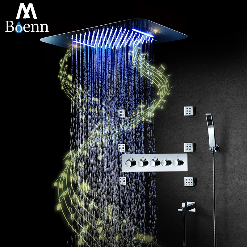 M Boenn-Cabezal de ducha LED con música y Bluetooth, sistema de ducha de lluvia, Panel de ducha de techo, mezclador oculto de latón, 580x380mm