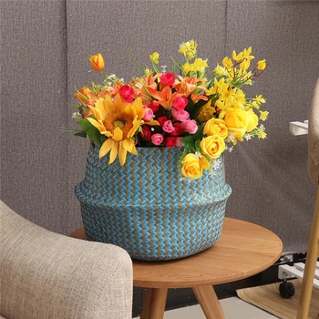 

Foldable Seagrass Storage Basket Wicker Rattan Belly Straw Garden Flower Pot Wave Pattern Planter Bamboo Laundry Hamper