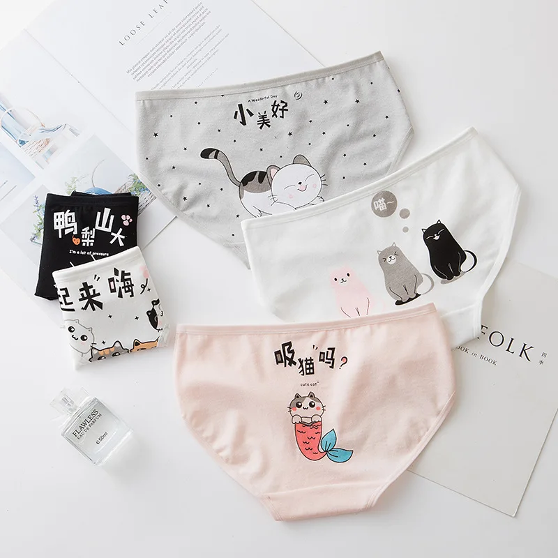 Women Cotton Panties Cute Cat Pattern Print Cute Underwear Girl Cartoon Lingerie Breathable Briefs NK58
