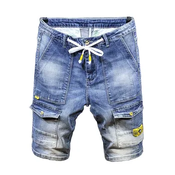

KIOVNO Summer Men Cargo Casual Denim Shorts Stretch Blue Short Jeans For Male Multi Pockets