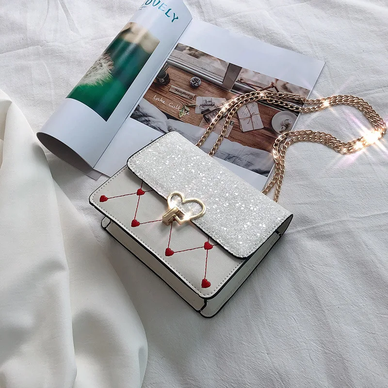 

2019 new chain small square bag female texture sequins package simple net red versatile shoulder Messenger bag