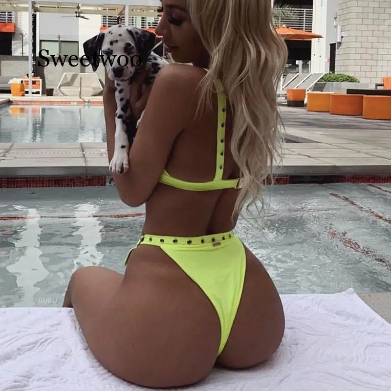 Неоново Зеленый бикини с высокой талией 2020 купальник регулируемыми бретелями