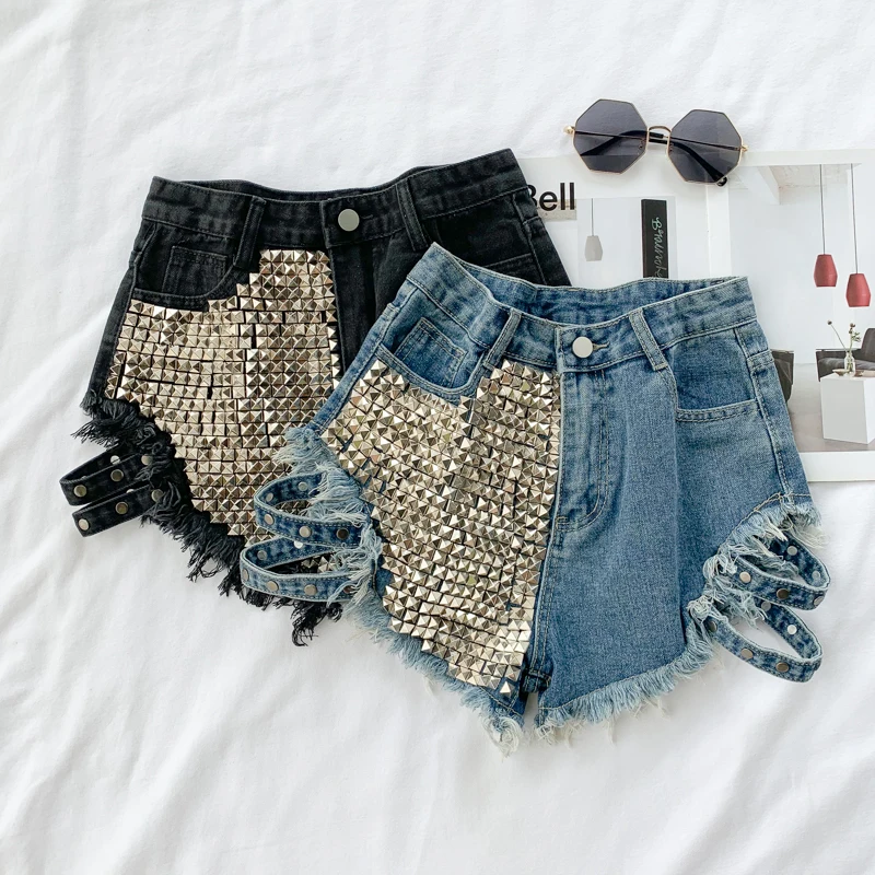 

Jeans women summer 2019 new rivets fringed fringed wide leg pants high waist hot pants
