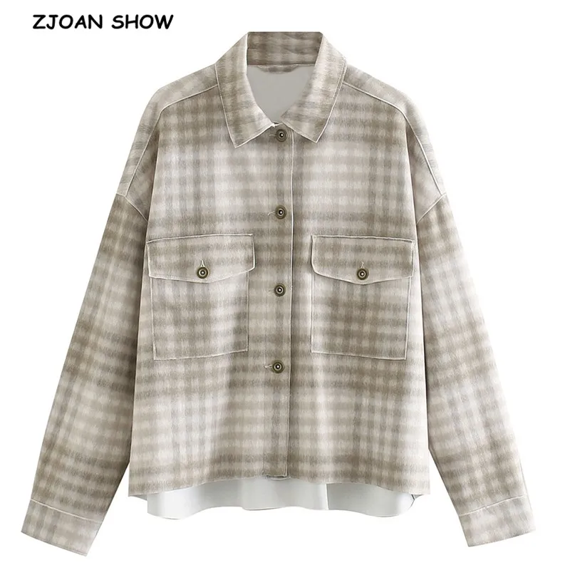 

Boyfriend Style Gingham Check Plaid Shirt 2020 Lapel Long sleeve Pockets Blouse Tops Coat blusas chemise femme blusa GRAY GREEN