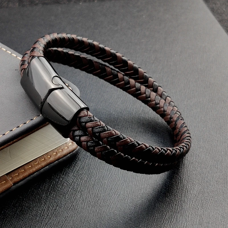 Titanium Steel Bracelet Double Layer Brown Black Leather Braided Rope Man Stainless Steel Magnetic For Women Gift bracelet jewelry