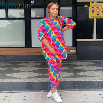 

HAOYUAN Geometric Print Two Piece Set Long Sleeve Shirt Women Top+Pants Set Loose Clothing Fashion Streetwear Ladies Tracksuits
