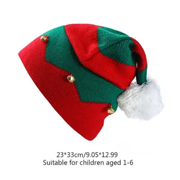 

Toddler Kids Christmas Knitted Elf Hat with Small Bells Contrast Color Wavy Stripes Crochet Pompom Santa Cap Party Supplies