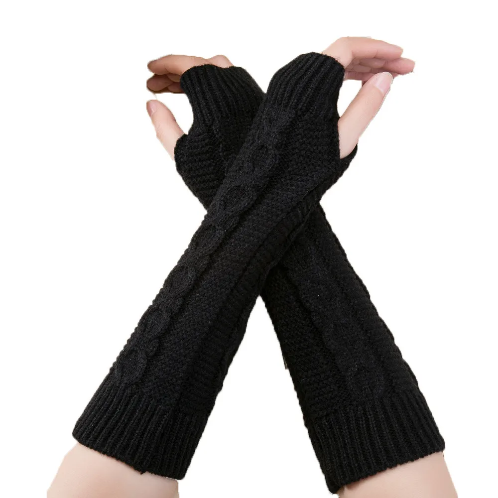 Мода «унисекс»; Симпатичные Для мужчин Для женщин вязаные крючком с открытыми пальцами Зимние перчатки мягкие теплые варежки длинные эластичные теплые, без пальцев Варежки# Zer - Цвет: Черный