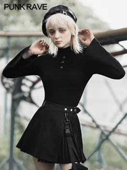 

PUNK RAVE Women Versatile Wind Self-cultivation Bottom Shirt High Collar Long Sleeve T-shirt Dark Sexy Trumpet Sleeve Slim Top