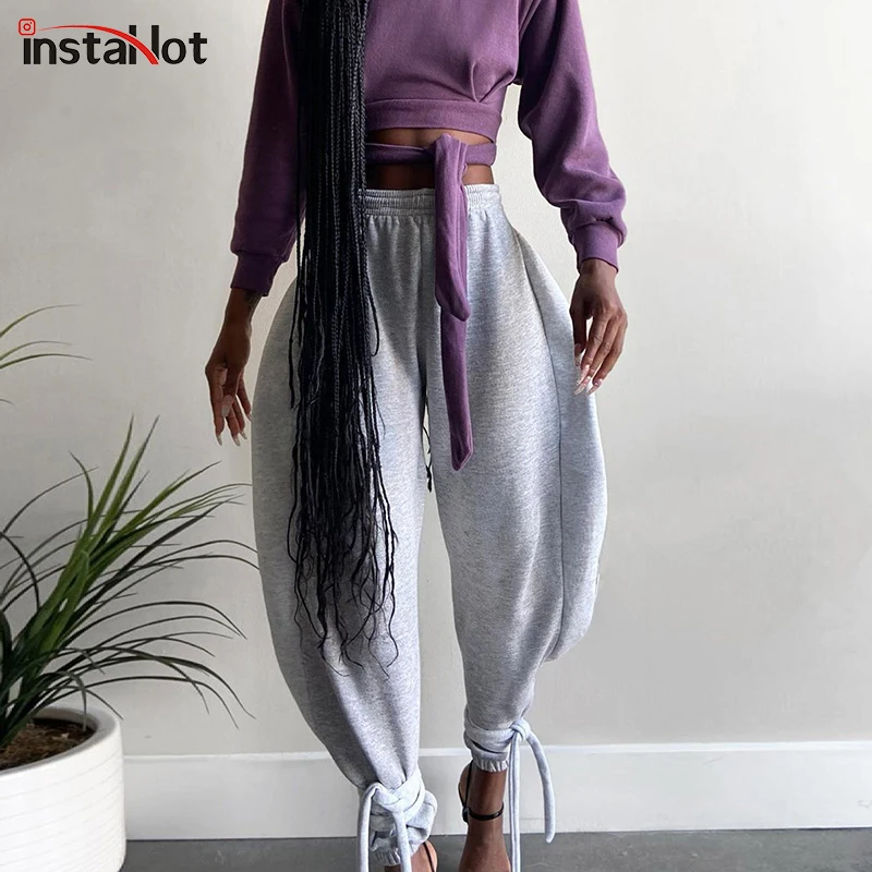 

InstaHot Bandage Jogger Women Loose Cross Pants Bandage Loose Solid Cotton Casual Harajuku Sweatpant Trousers 2020 Streetwear