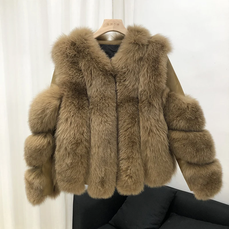 Rf1929 зимнее короткое пальто из натурального Лисьего меха Stlye FluffyReal, натуральная кожа, натуральный мех, куртка с длинным рукавом, женские пальто из натурального меха - Цвет: CAMEL