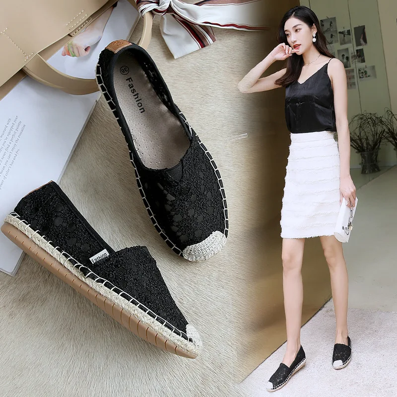 

2019 New Style Flat Fisherman Shoes Women's Lace Mesh Hollow out WOMEN'S Shoes Versatile Loafers Women's Vintage Shallow Mouth S