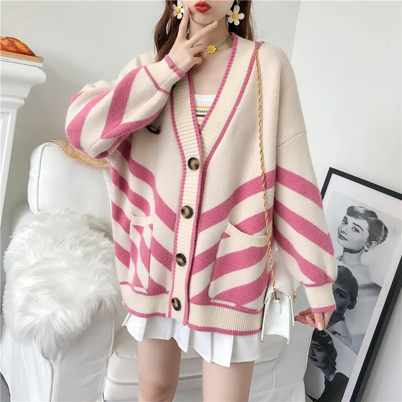 H. SA женский негабаритный свитер кардиганы с длинным рукавом Цветной полосатый розовый вязаный джемпер Свободная куртка пальто зимнее толстое вязаное пальто