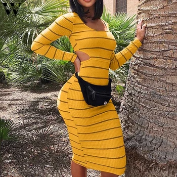 

Womail Dress Autumn 2019 Sexy Striped Dresses O-Neck Casual Long Sleeve Fashion workwear Slim yellow short dress Party 814