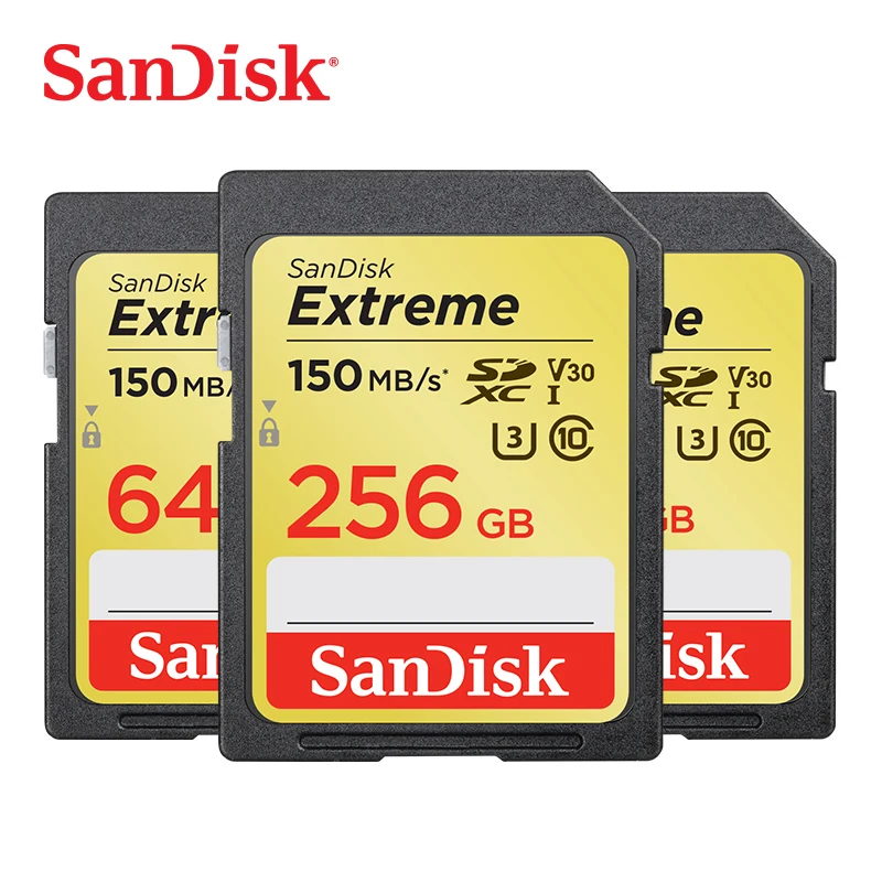 Карты памяти SanDisk Extreme SDHC/SDXC SD карты в формате 4K UHD, объемом памяти 32 Гб или 64 ГБ, 128 ГБ C10 U3 V30 150 МБ/с.(32 Гб: 90 МБ/с.) UHS-I флеш-карта