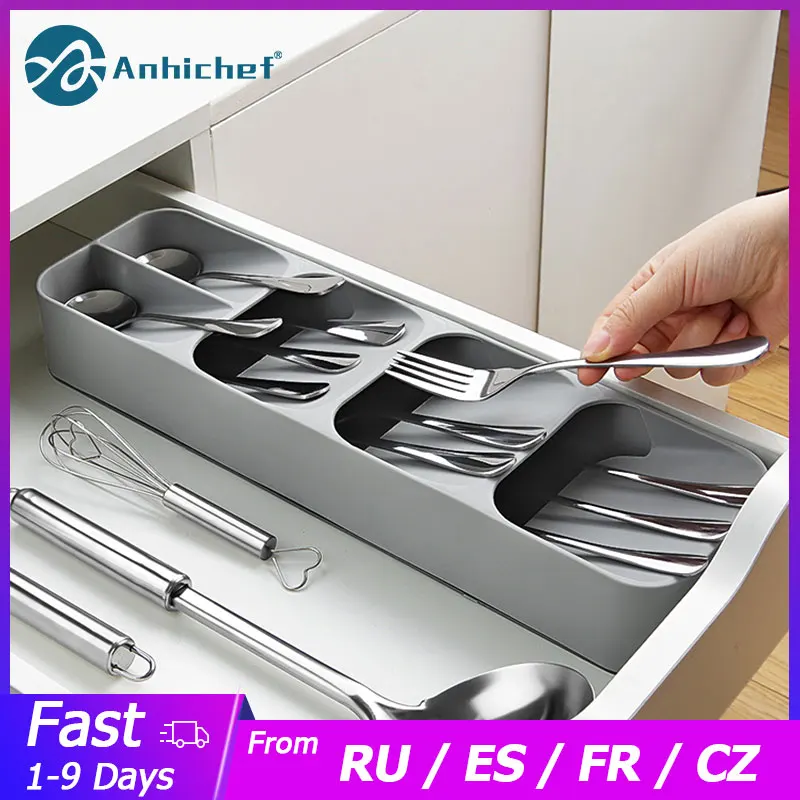 Bandeja de almacenamiento de cubiertos para cocina, organizador con soporte, contenedor para cuchara, tenedor y cuchillo, con separación|Bandejas de almacenamiento| - AliExpress