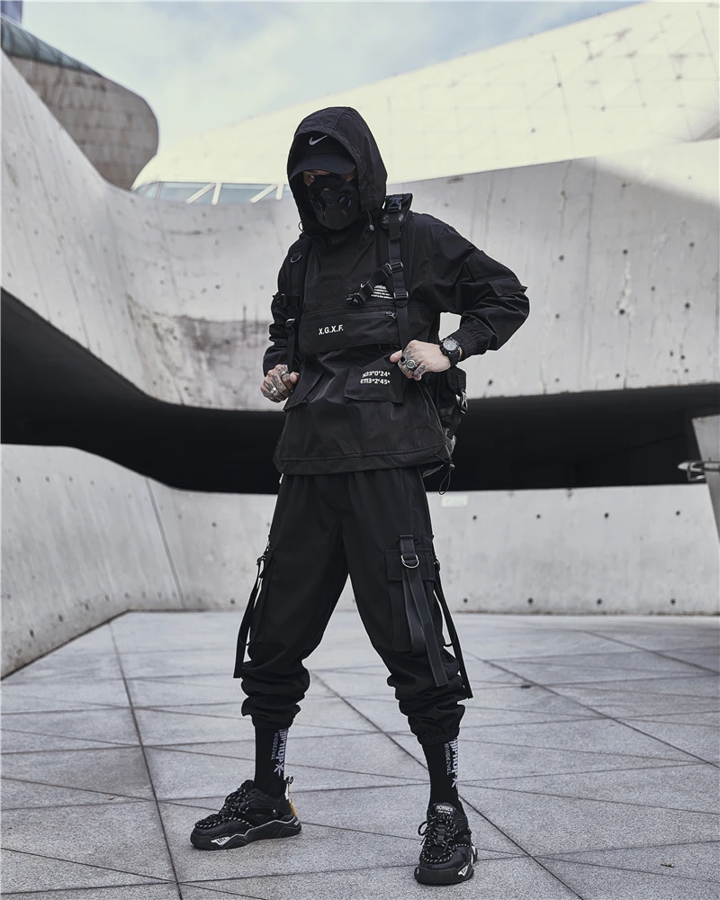 Techwear Jacket Men Spring Streetwear Black Hooded Waterproof Windbreaker