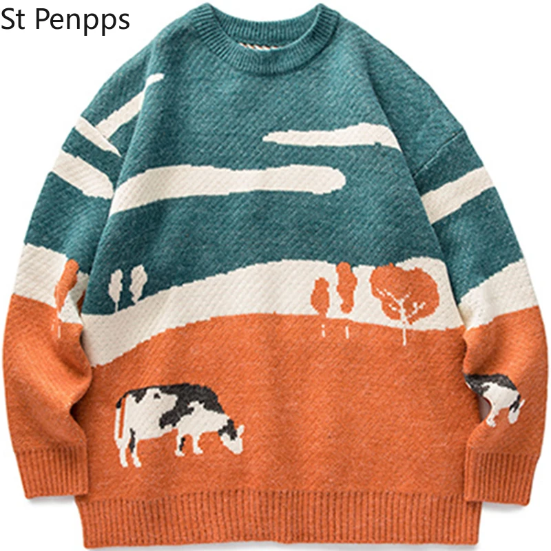 Мужской пуловер в стиле Харадзюку с круглым вырезом и принтом коровы | Мужская
