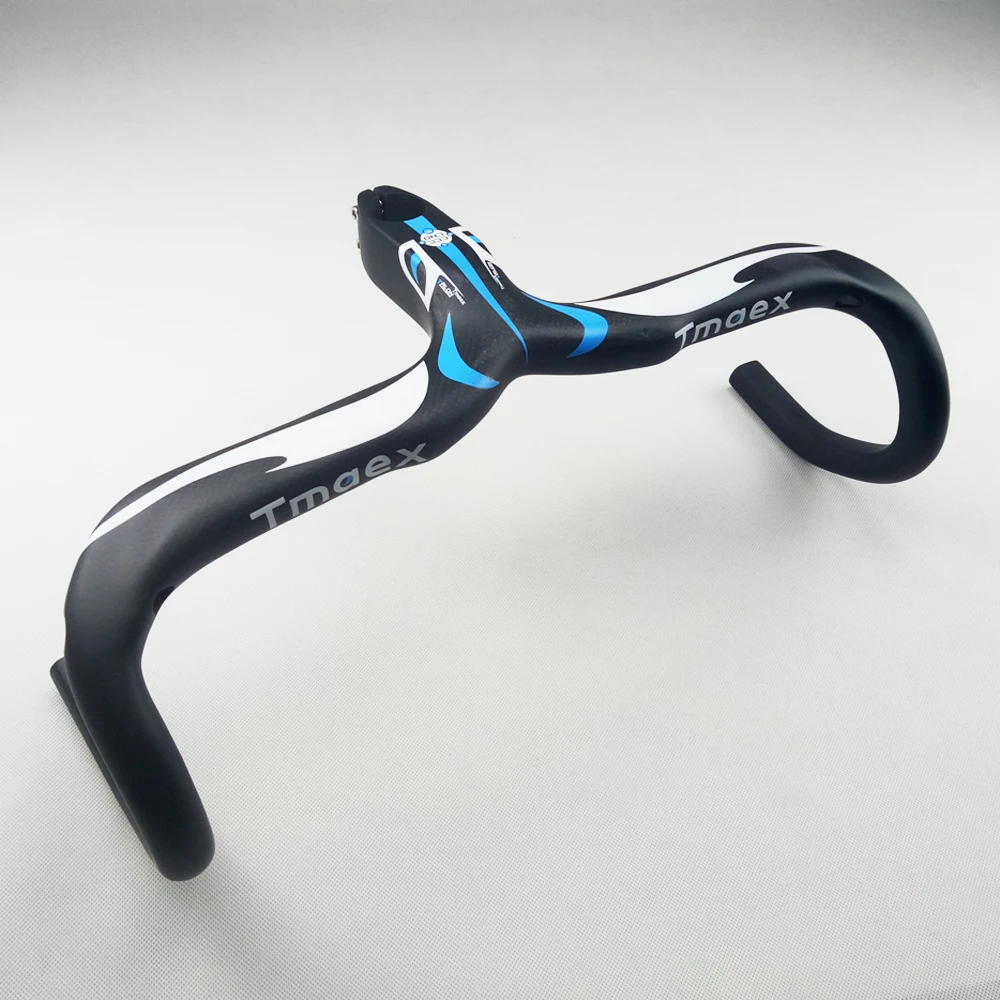 New arrival Blue decals Road bicycle 3K full carbon fibre bike handlebar and stem integrated with stent holes light