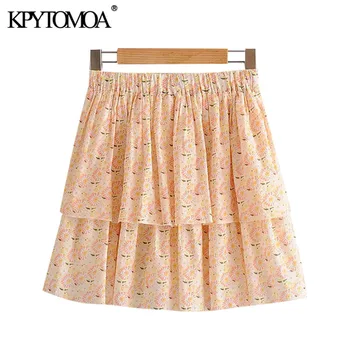 

KPYTOMOA Women 2020 Fashion Floral Print Ruffles Mini Skirt Vintage Elastic Waist With Lining Female Skirts Faldas Mujer