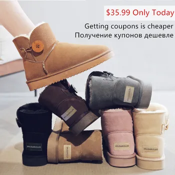 

Plus 35-44 snow boots women Ankle flat 100% genuine cow suede leather natural wool fur lined Australia winter warm rubber shoes