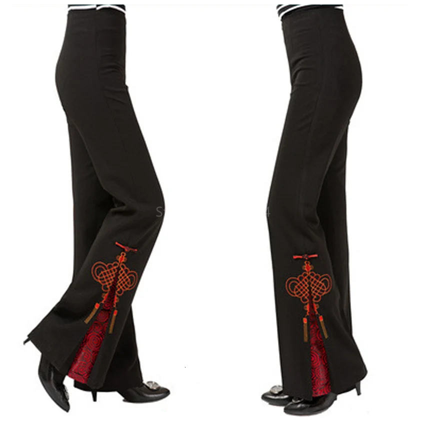 Женские брюки-клеш с высокой талией, китайский традиционный стиль, широкие брюки, повседневные черные брюки в стиле Танг, длинные танцевальные брюки в стиле ретро, Hanfu