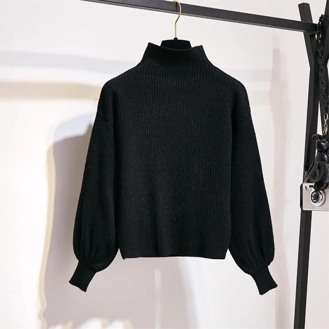 black sweater New Winter Pullover Sweater& Woolen Cloth Lantern Sleeve Knitted Top Irregular Skirt Suit With Belt Outfit Casaul Clothes - Цвет: black sweater