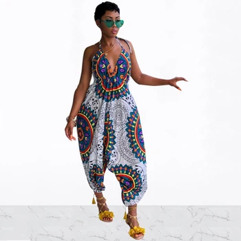 

Women Jumpsuit Totem Printed Sexy Off Shoulder V-Neck Halter Bandage Backless Loose Long Pants Female Rompers Casual Outfits