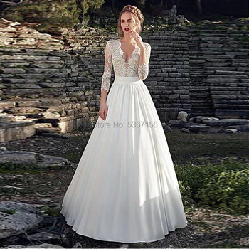 

Satin Wedding Dresses A Line Long Sleeves Lace Appliques Bridal Gowns Vestidos De Noiva Button Illusion Sweep Train
