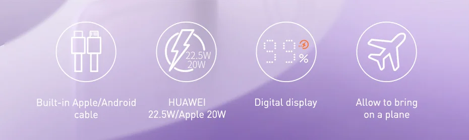 Baseus 22.5W Fast Charge Power Bank 10000mAh ELF Digital Display Type-C Built in Cables For iPhone 13 12 11 pro max mini Samsung S21 S20 Xiaomi