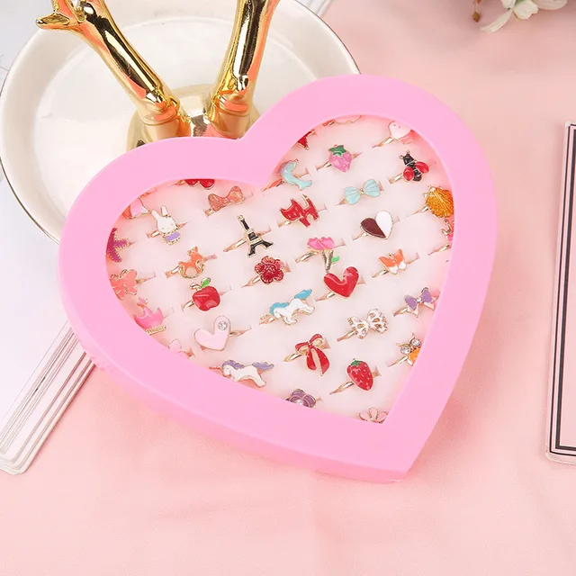 10/20/36 pcs Cute Adjustable Rings Children Girls Pretend Play Makeup Toys Cartoon Crystal Jewelry Alloy Animal Enamel Ring 4