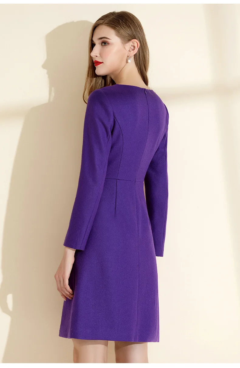 GYALWANA Winter Purple Dress Women Thick Woolen High End A-line Dress with 2 Pockets O-neck Long Sleeved Clothes for Christmas