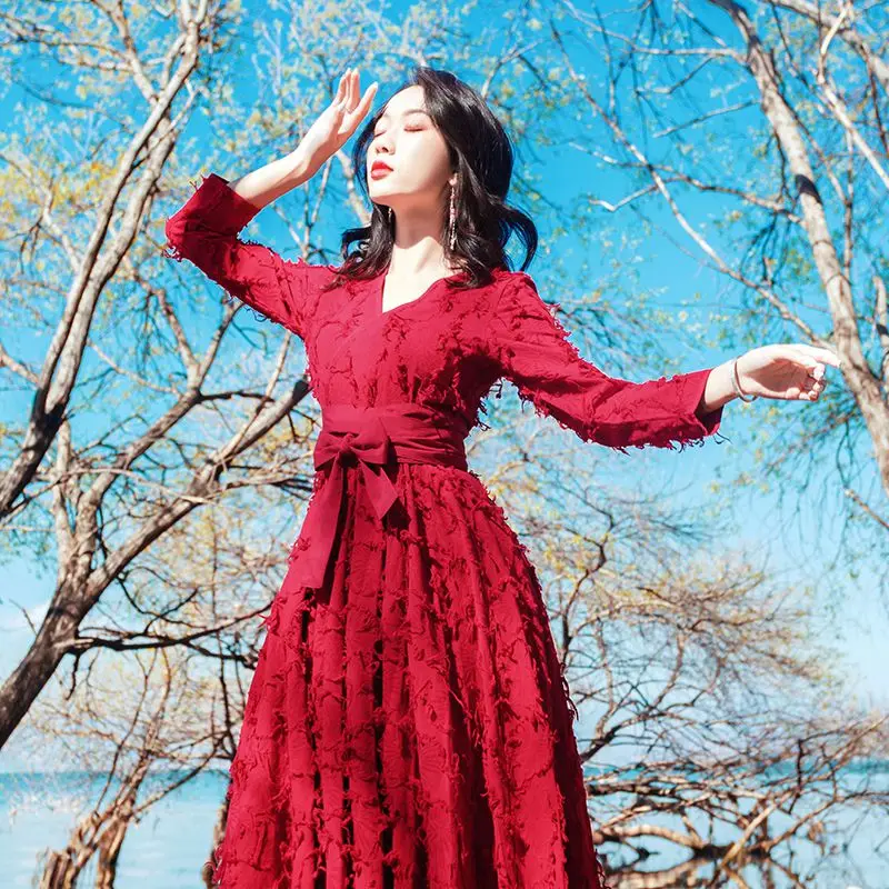 Женское длинное платье в стиле пэчворк Hanfu с более чем 40 кисточками для праздничных платьев красного цвета 8009