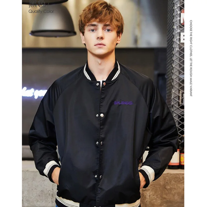 SEMIR Men Embroidered Baseball Jacket Contrasted Trim Silky Nylon Bomber Jacket Slant Pocket Snap Closure Spring Coat For Man SEMIR Men Embroidered Baseball Jacket Contrasted Trim Silky Nylon Bomber Jacket Slant Pocket Snap Closure Spring Coat For Man