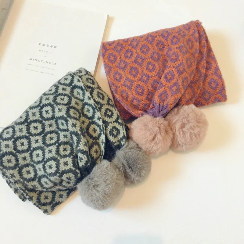 Korean Fashion Vintage Floral Print Winter Scarf Children Fur Ball Cute Knitting Warm Snood Children Neck Scarf Streetwear Shawl