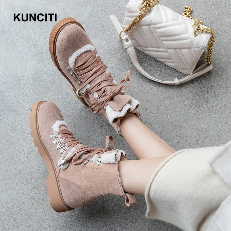 KUNCITI/ женские зимние ботинки на шнуровке с заклепками; цвет коричневый, черный; Botas Mujer; высокое качество; большие размеры 34-42; D9234
